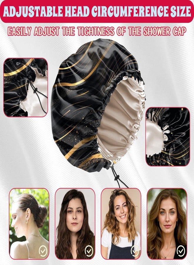 BHAHB Luxury Shower Cap Satin Lined Reusable Waterproof Double Layer Elastic Adjustable Hair Bath Cap Cute Aesthetic Women Girls-Black Marble - Image 3